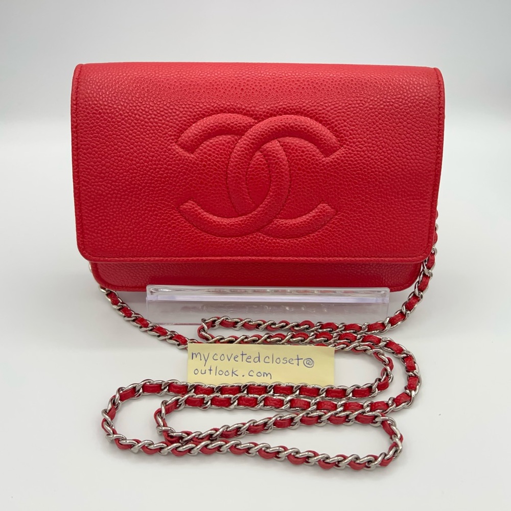 Chanel Red Leather Wallet on Chain Full Set w/Box and Dust Bag Excellent Condt.